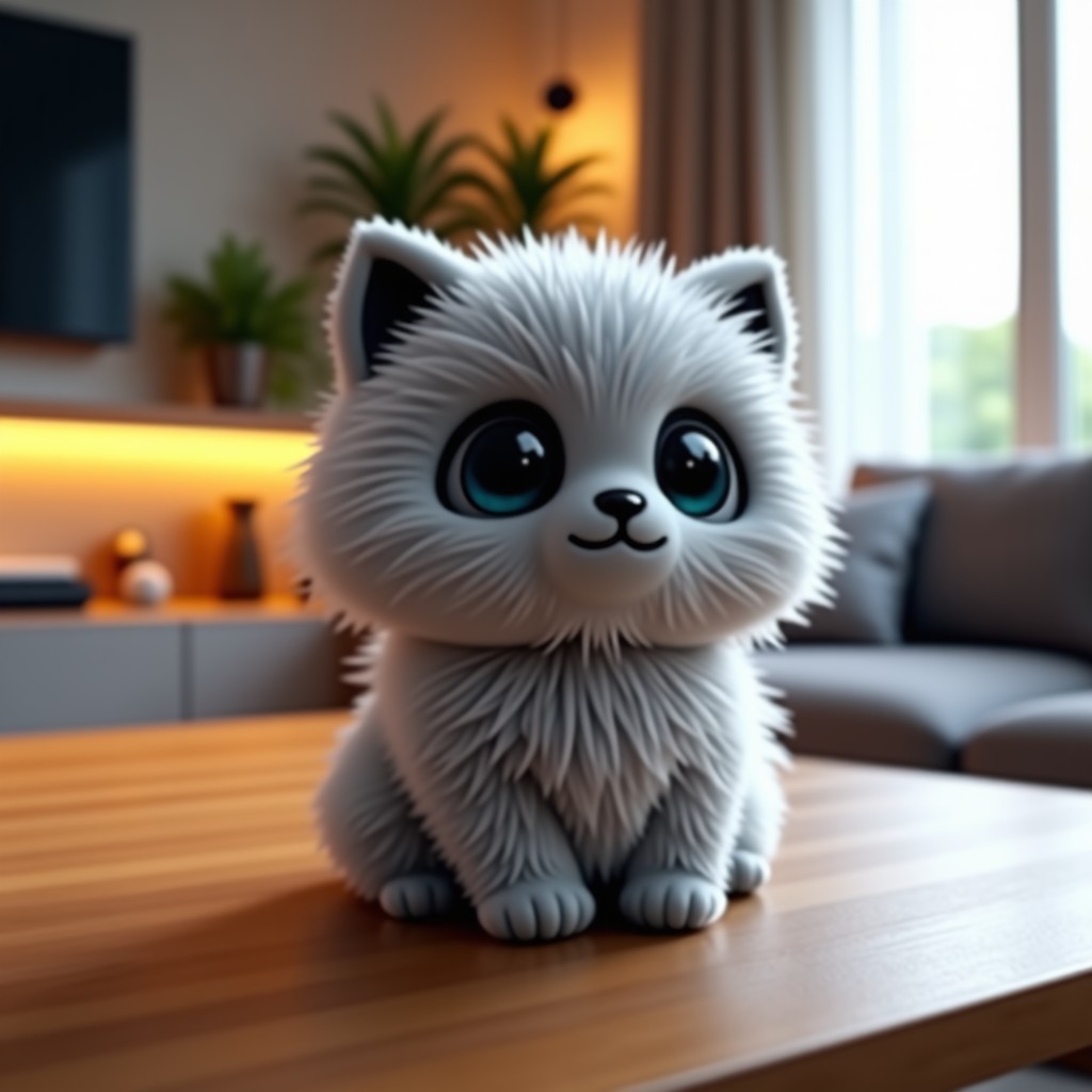 A small and fluffy grey robot pet named Moflin with tiny black eyes sitting on a wooden table. The fur looks very soft and dense. Modern living room background with warm lighting. 4:3