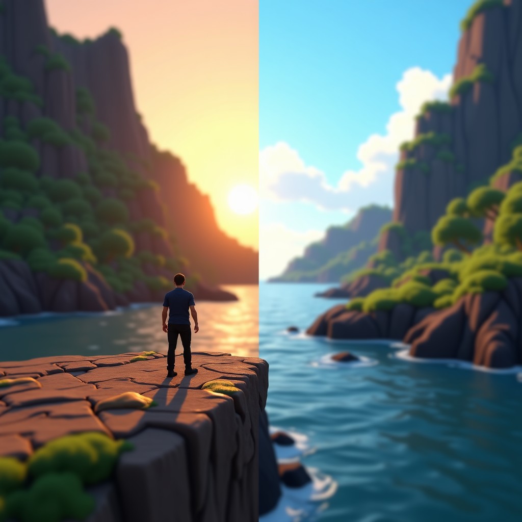 A split screen comparison showing a professional hand-crafted video game on one side with perfect lighting and physics and a blurry distorted AI-generated game world on the other side with messy pixel edges and floating objects. Realistic photography style. 4:3