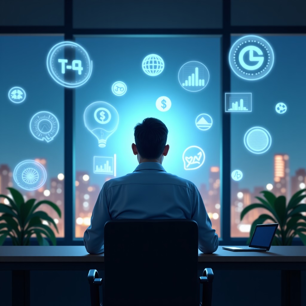 A stressed office worker looking at a large window with floating digital icons representing artificial intelligence and economic charts, cinematic lighting, realistic style, 4:3