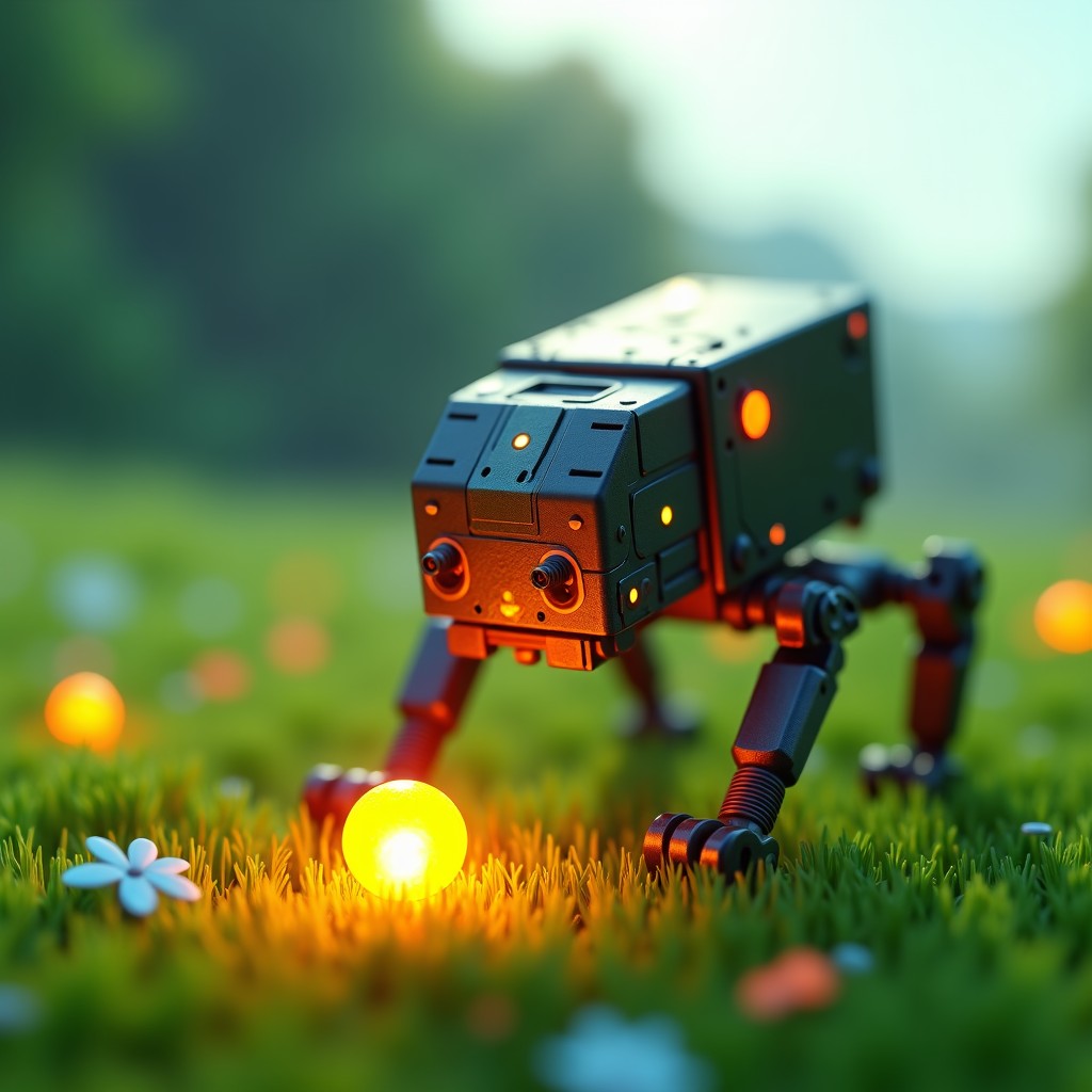 Detailed close-up of a block-based creature with mechanical joints and neural network patterns on its surface. It is reaching for a glowing food source on a lush green field. Scientific simulation style, 4:3