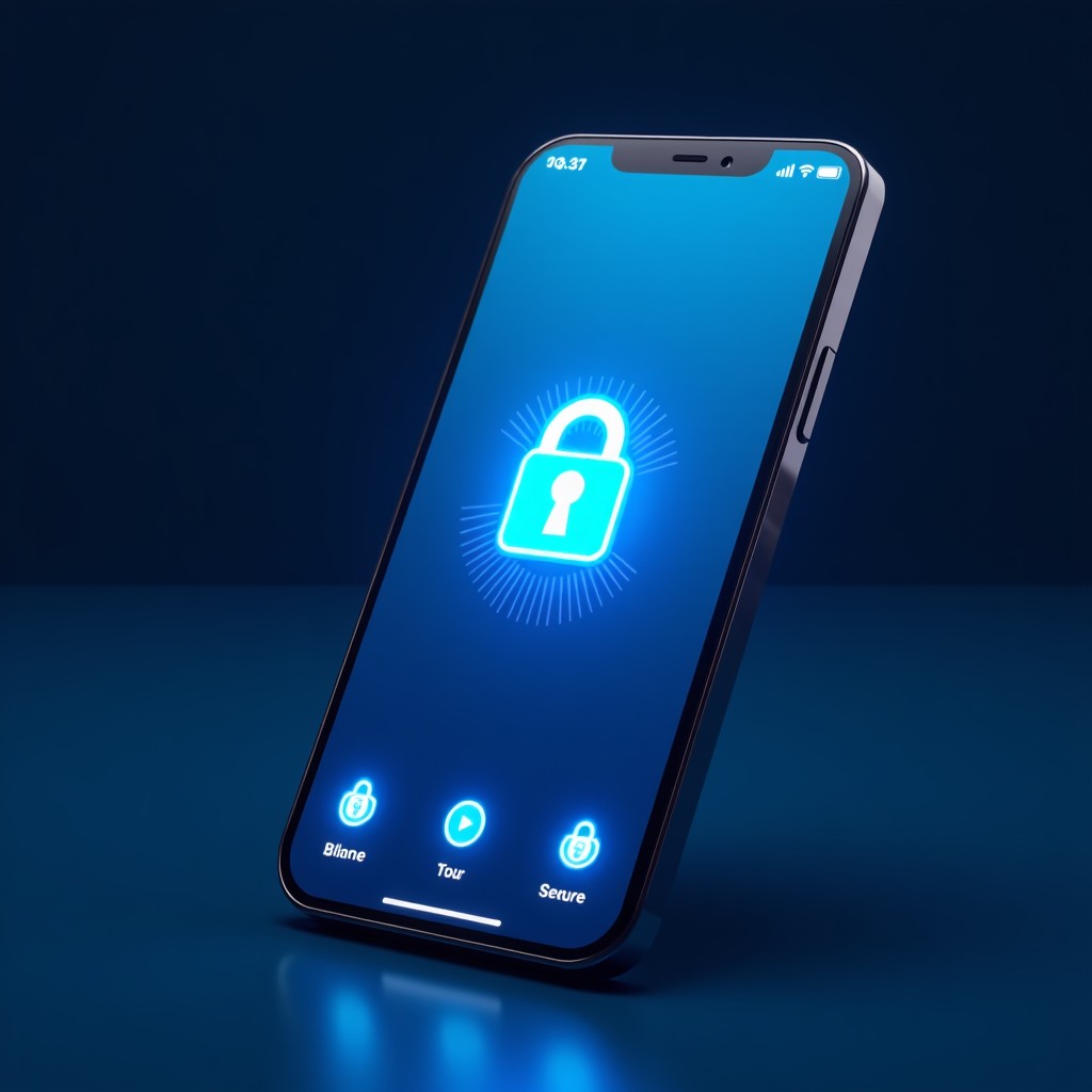 A futuristic digital smartphone screen showing a secure messaging interface with blue tones and lock icons, high contrast, modern layout, 4:3