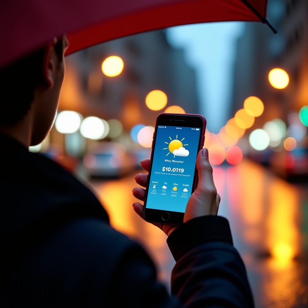 A person holding a smartphone showing a weather app while standing under an umbrella on a rainy city street at night. Blurred city lights in the background, warm and cozy atmosphere, realistic photography, 4:3