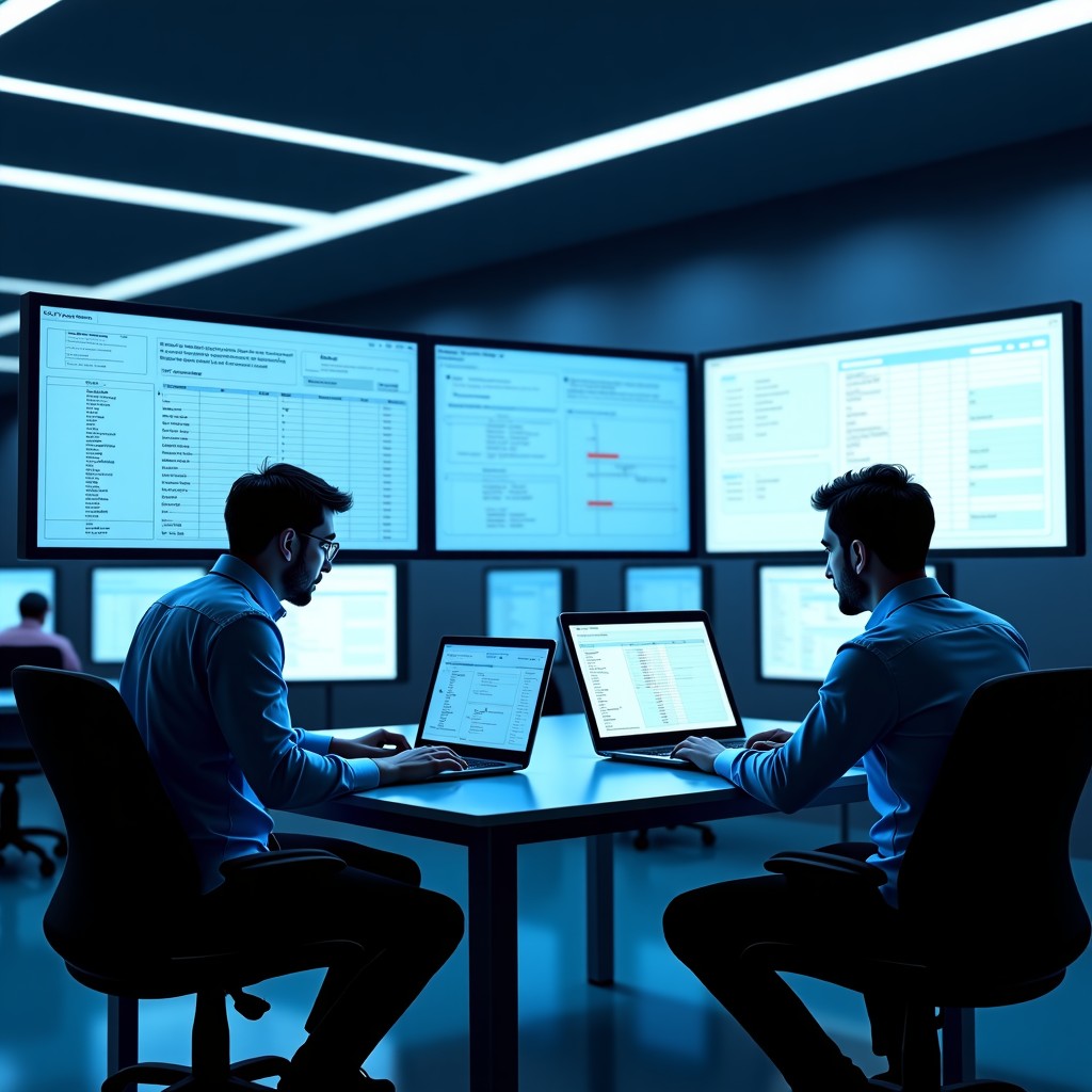 A professional modern office interior where data scientists are working. Large screens display complex video analysis workflows and data structures. The atmosphere is tech-focused with high contrast lighting and a clean aesthetic. No text. 4:3
