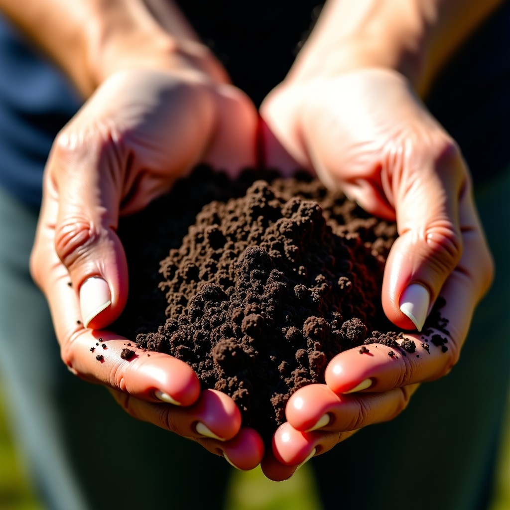 Close up of weathered and dirty hands holding rich dark soil, sunlight filtering through fingers, highly detailed texture, professional photography style, 4:3