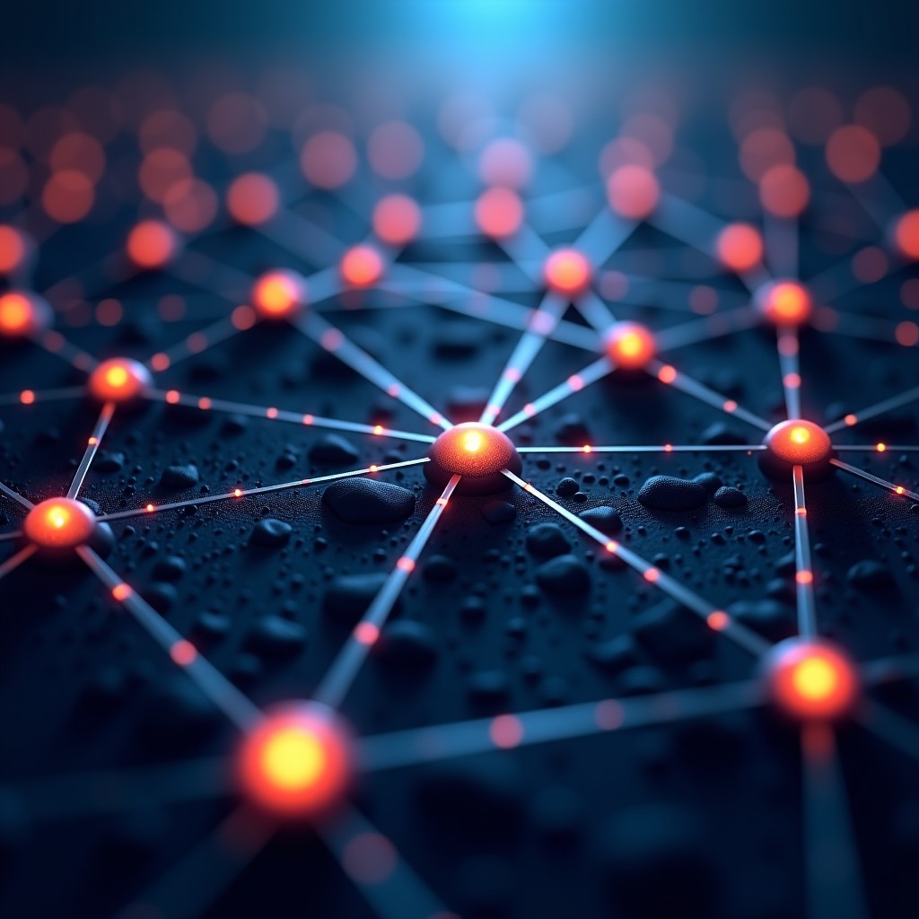 A complex and beautiful digital visualization of a knowledge graph with interconnected nodes representing business data like emails, spreadsheets, and chat messages. The nodes are glowing with different colors on a dark, textured background. Modern and high-tech abstract art style. 1:1