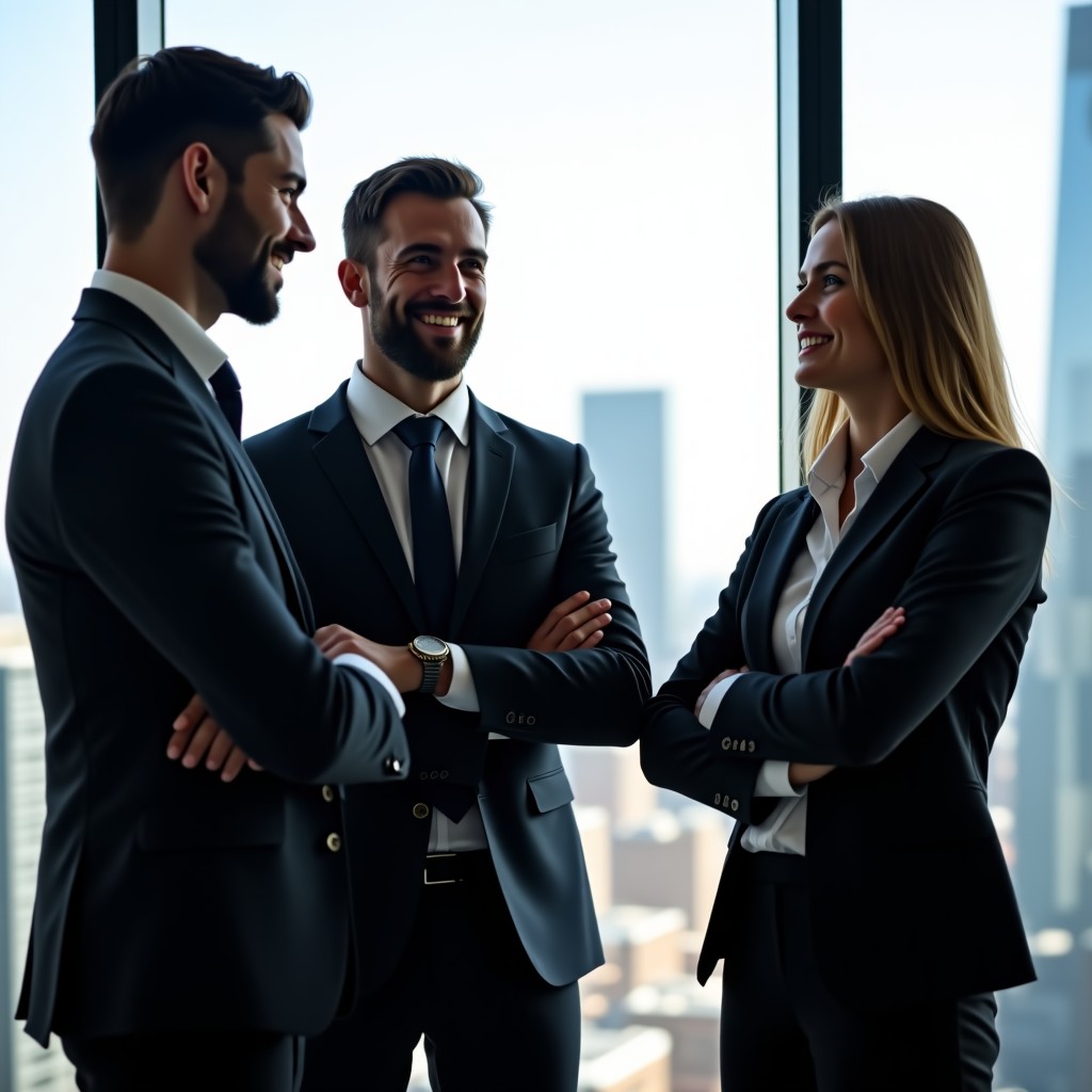 Professionals having a serious but friendly business discussion in a bright and modern corporate lounge. Large windows with a city view in the background. Natural lighting, realistic photography, 4:3