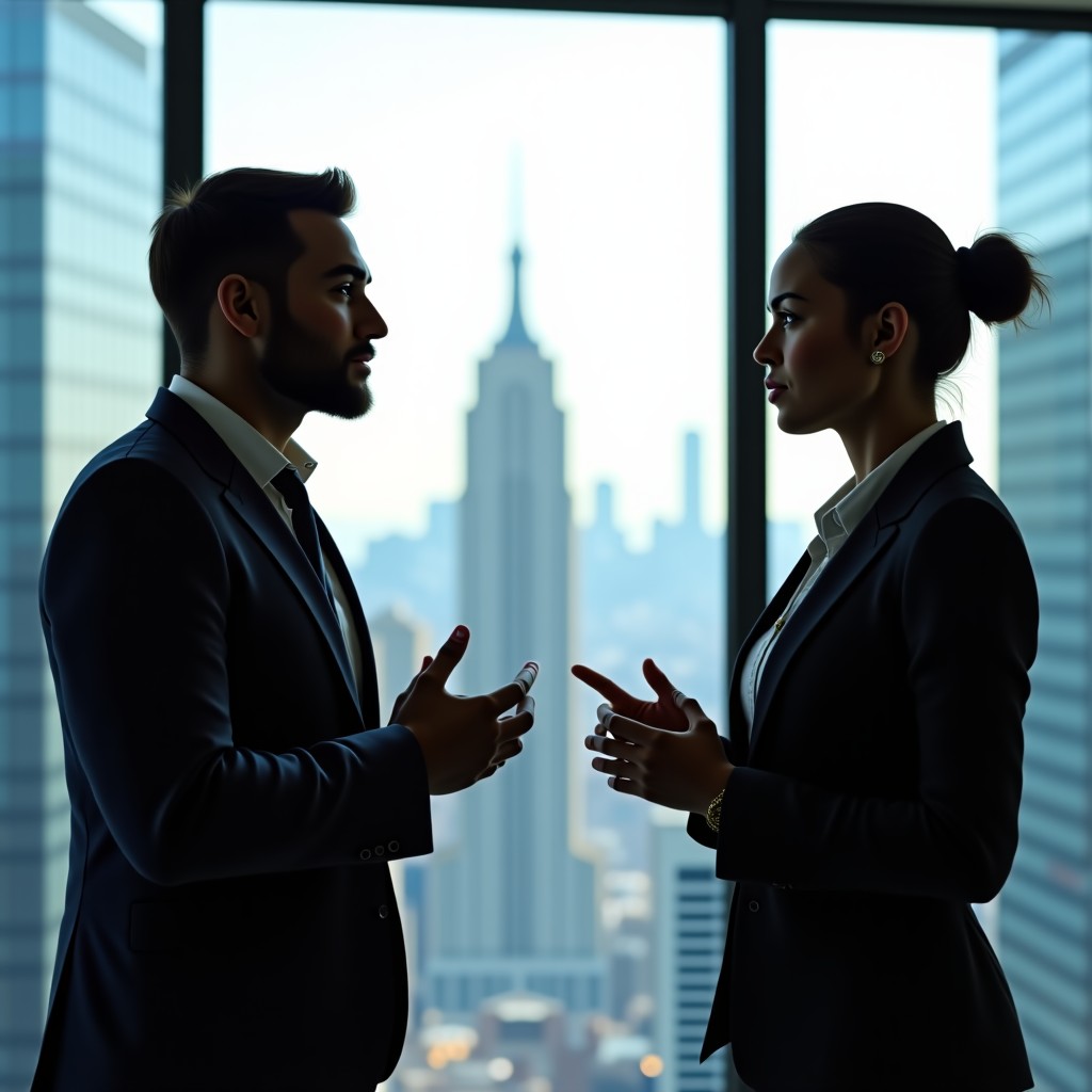 Two professional business leaders in a modern office setting having a serious discussion with a city skyline in the background. Natural lighting, cinematic photography style. 4:3