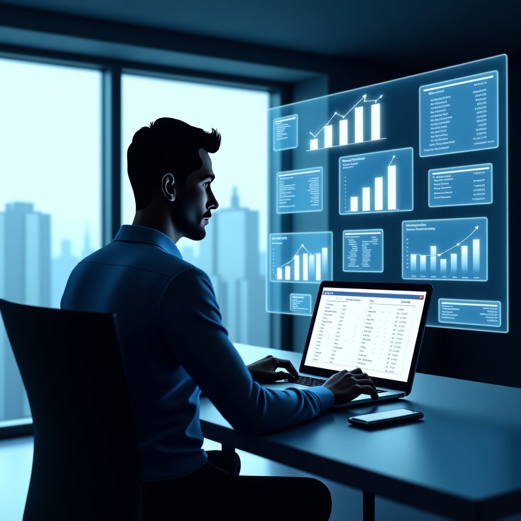 A professional office setting where a digital human silhouette represents an AI agent managing multiple floating glass screens filled with financial charts and invoices. Modern corporate aesthetic, 4:3