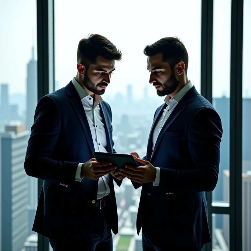 Two business professionals in suits discussing financial growth and stock trends over a tablet in a high-rise glass office with a city view. 4:3
