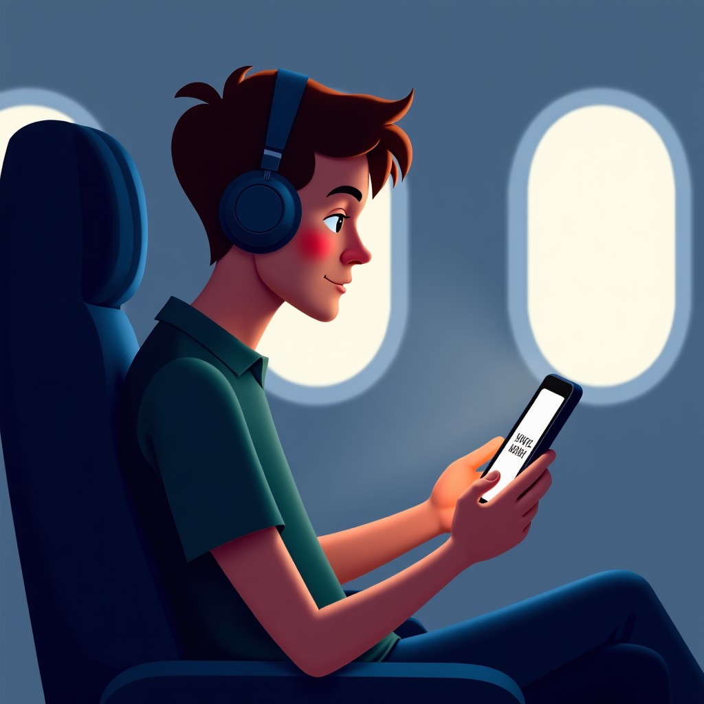 A young man sitting in an airplane seat, wearing headphones and looking at a smartphone screen that displays lyrics without internet connection. Soft cabin lighting. 4:3