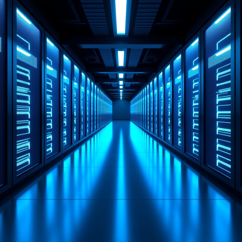 A vast data center with rows of glowing server racks, neon blue and white lights, cinematic perspective, sleek professional look, high detail, 4:3