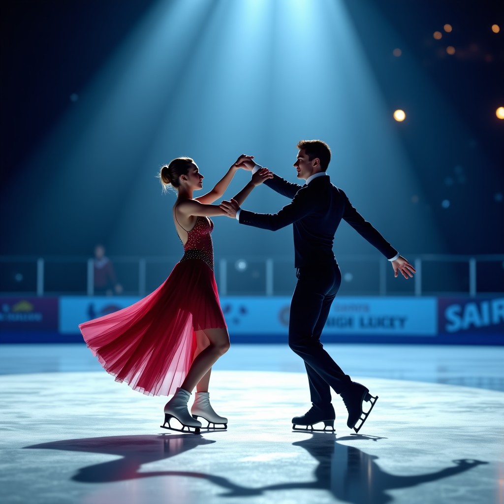 Two ice dancers in elegant costumes performing a dramatic routine on a professional Olympic ice rink, soft cinematic lighting, futuristic digital sound waves subtly integrated into the atmosphere, 4:3