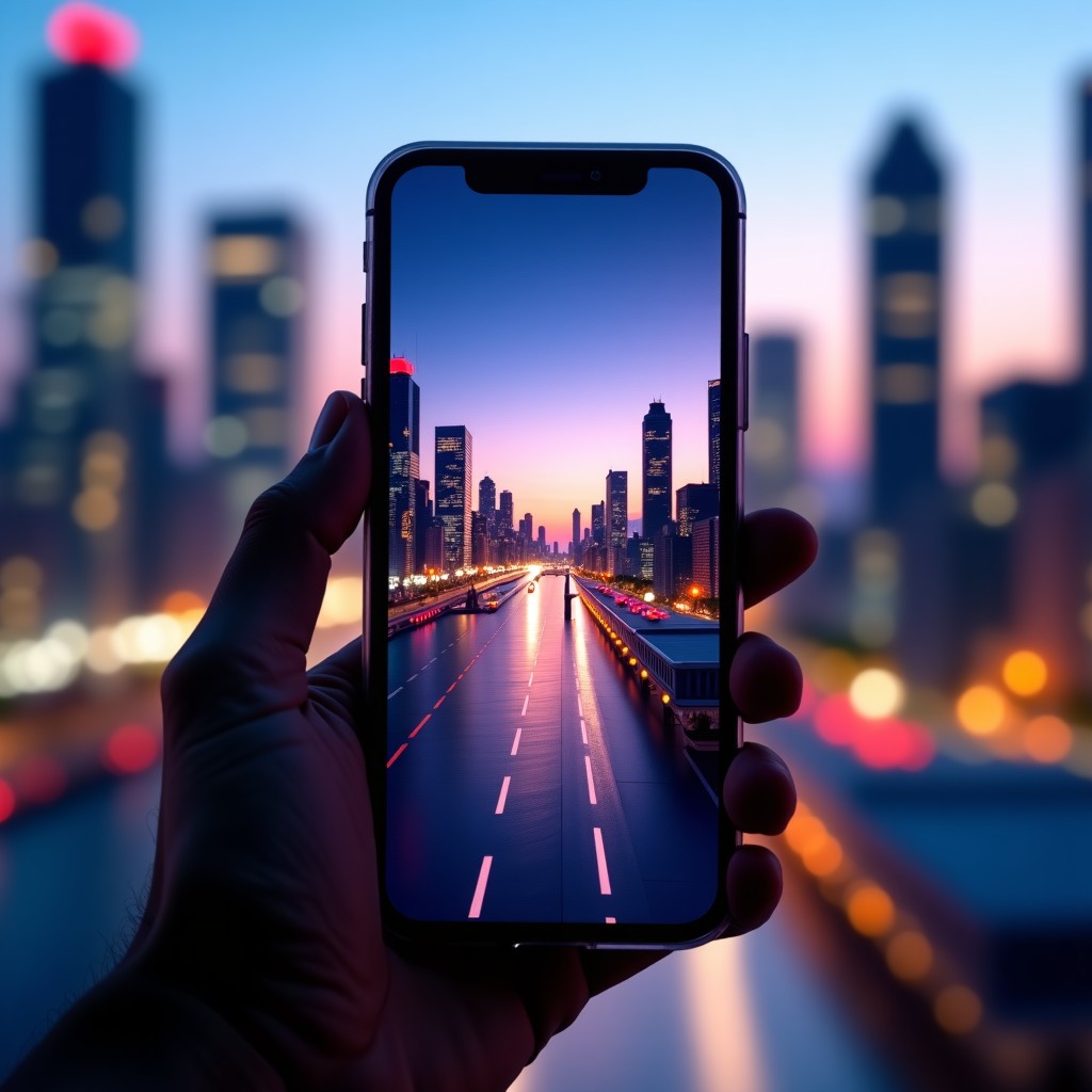 A high-quality smartphone screen displaying a vibrant and complex mobile game app with 3D graphics, held by a hand. The background is a blurred modern city view at dusk. Professional photography style, 1:1