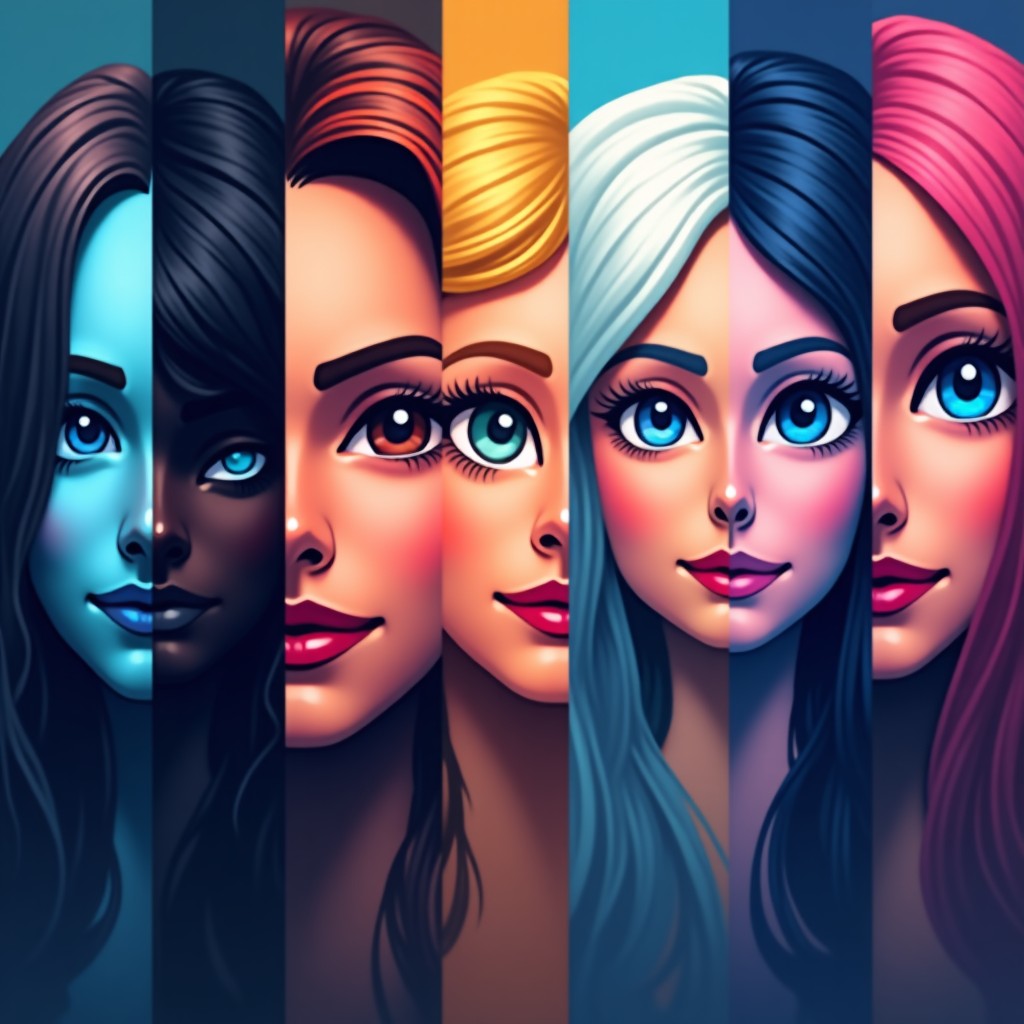 A high quality digital artwork showing a split screen of various artistic styles generated by AI from a single prompt. 4:3