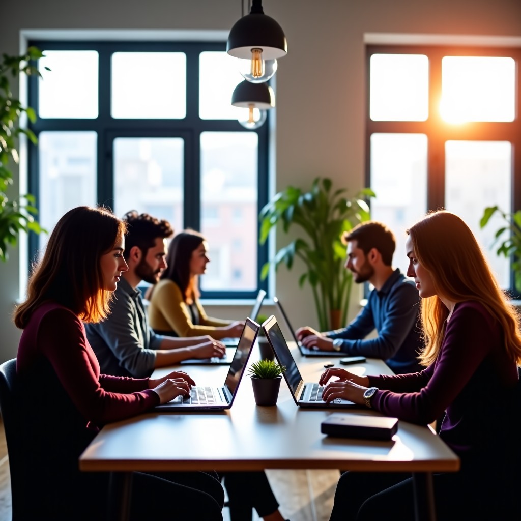A diverse group of creative professionals using AI tools in a bright communal workspace, focus on human-AI collaboration, natural lighting, high quality photography, 1:1