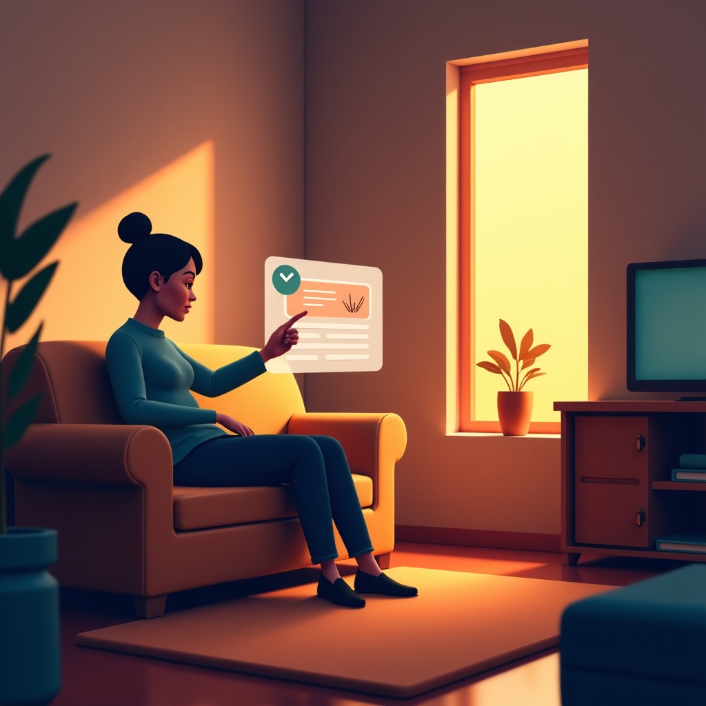 A cozy and bright living room where a person is relaxing while a subtle holographic interface displays a completed task notification, warm atmosphere, realistic lifestyle photography, 4:3