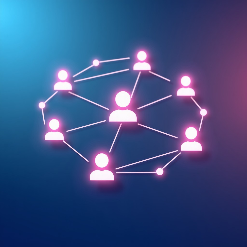 A modern and clean infographic style illustration representing digital connection and instant messaging. Glowing lines connecting stylized profile icons over a subtle gradient blue and purple background. High contrast, professional layout, visually rich. 1:1