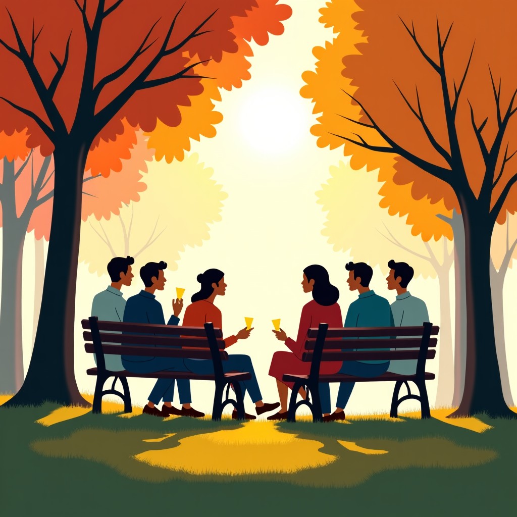 A detailed composition showing a diverse group of people sitting on a park bench and grass, engaged in a lively but peaceful discussion. Sunlight filtering through autumn trees, creating a warm and intellectual atmosphere. 4:3