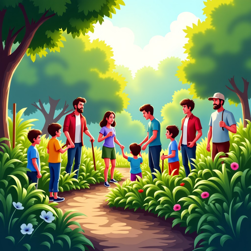 A sustainable community garden with people of various ages working together, lush greenery, peaceful afternoon light, visually rich environment, 4:3