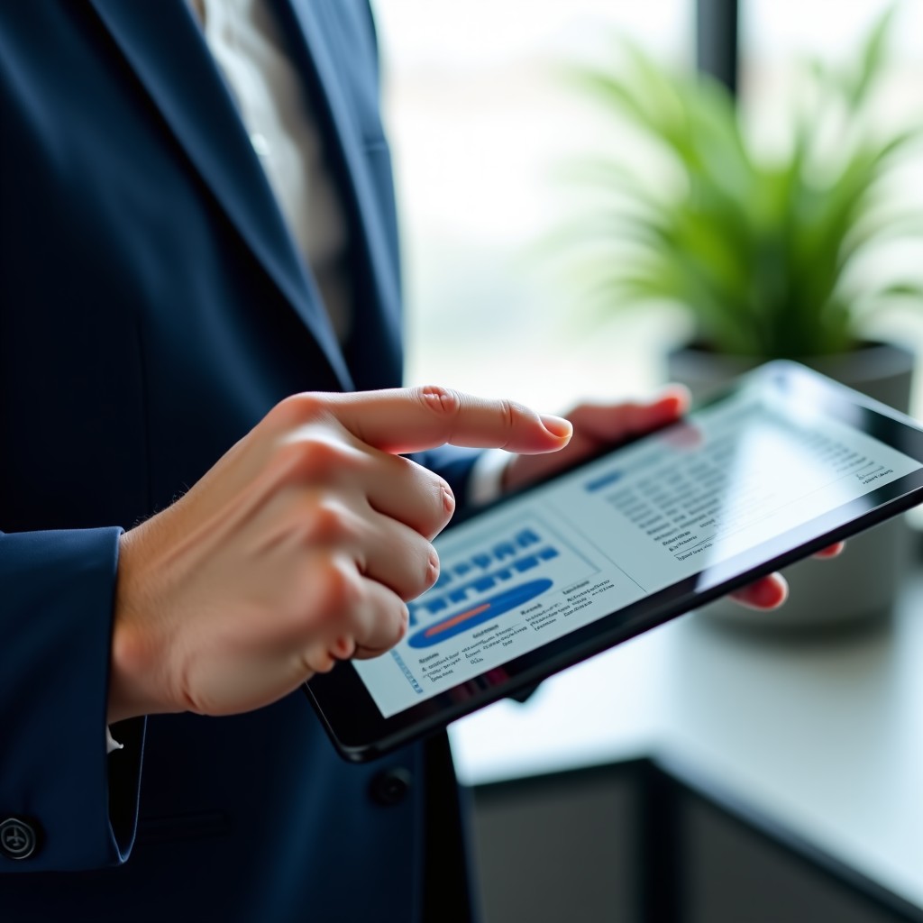 A person in professional attire pointing at a tablet screen displaying a detailed digital report, focus on the hand and device, natural indoor lighting, 1:1
