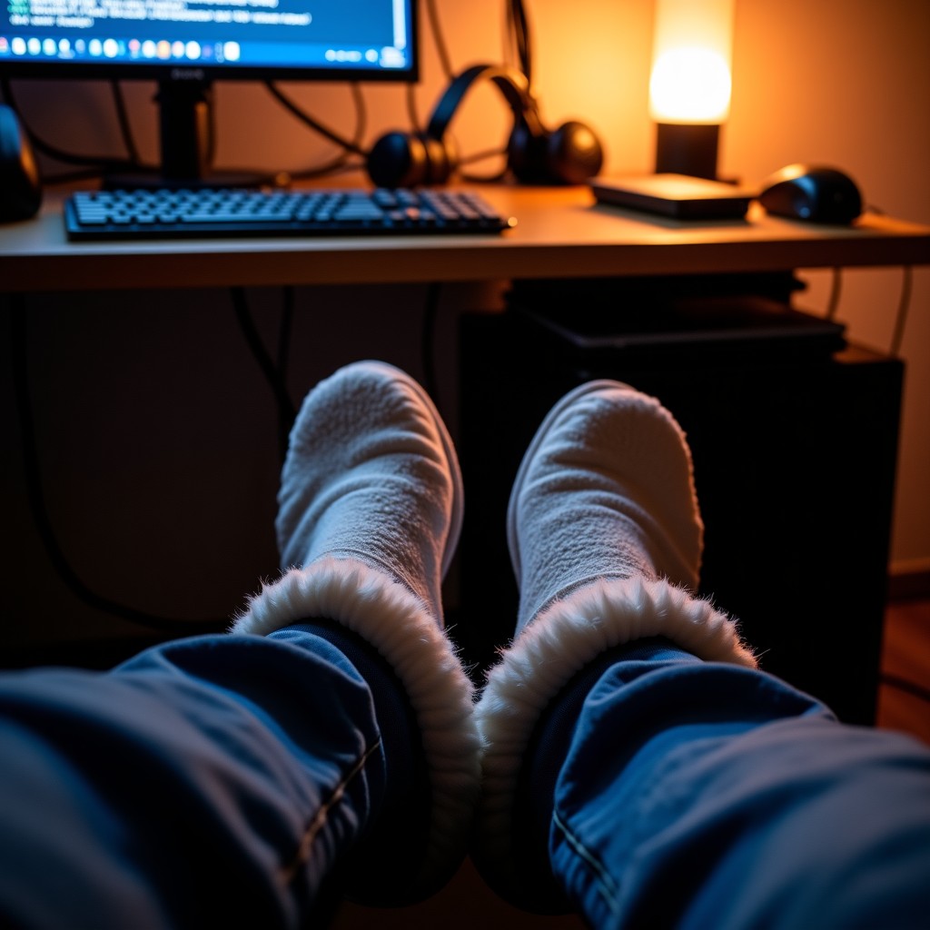 A close-up shot of a developer's feet wearing cozy slippers under a desk cluttered with cables and tech gear, warm indoor lighting, exhausted but focused atmosphere, lifestyle photography, 1:1