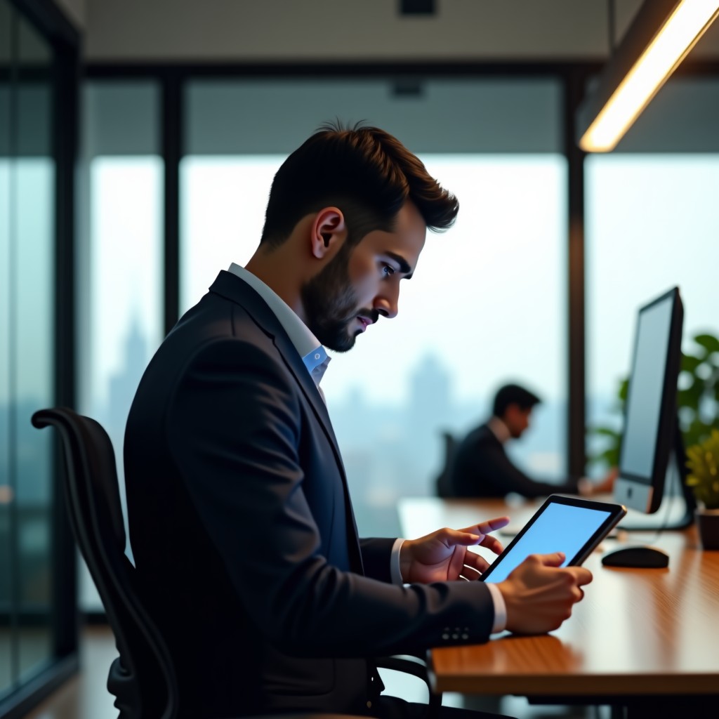 Business professional in a modern Mumbai office using a voice-based AI assistant on a tablet, natural lighting, 4:3