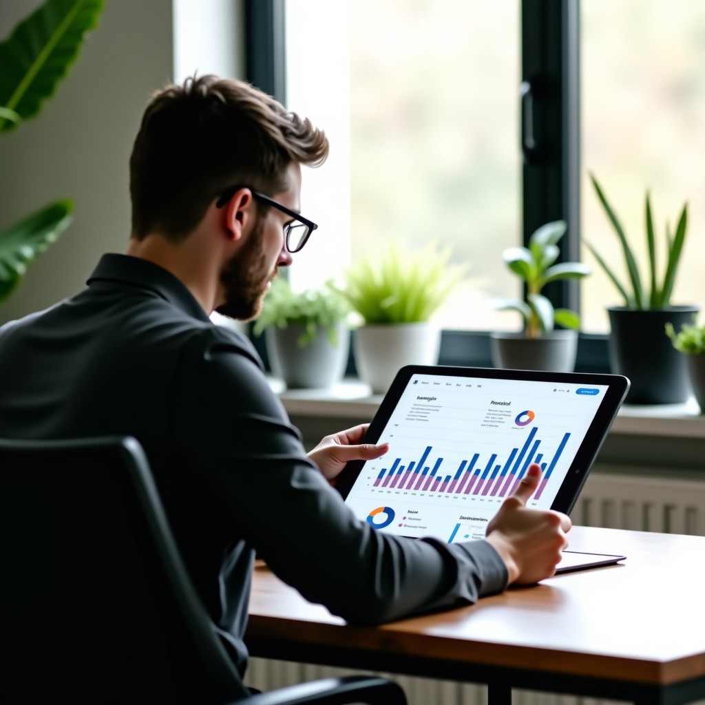 A professional person sitting at a minimalist desk, looking at a tablet showing data visualizations and growth charts. The room is filled with natural light and has indoor plants. 4:3