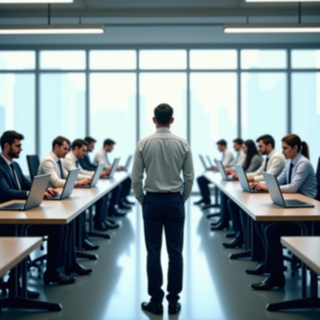 Multiple clones of a professional office worker efficiently handling paperwork and laptops in a modern office. Bright professional lighting, clean corporate environment, humorous atmosphere. 4:3