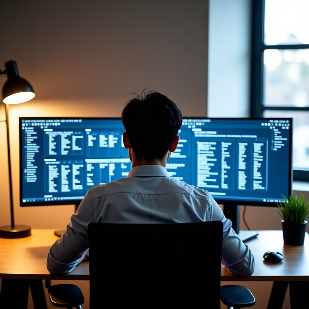 A Korean professional office worker sitting at a modern desk with a dual monitor setup. On the screens, complex Excel spreadsheets and PowerPoint presentations are being organized by a glowing AI interface. The lighting is warm and natural from a nearby window. High-quality lifestyle photography, professional atmosphere, 4:3