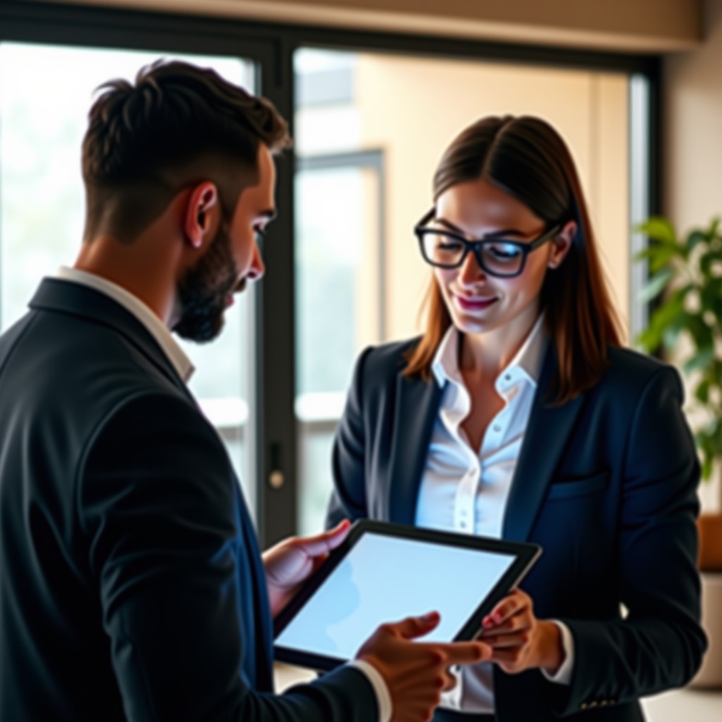 A professional business environment where a human and a digital AI agent collaborate on a tablet, modern office setting, warm natural lighting, 4:3