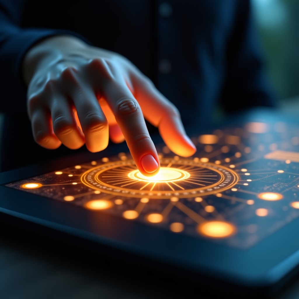 Close up of a human hand interacting with a glowing digital interface representing Claude AI. The aesthetic is organic and sophisticated, focusing on the connection between human and technology. 4:3