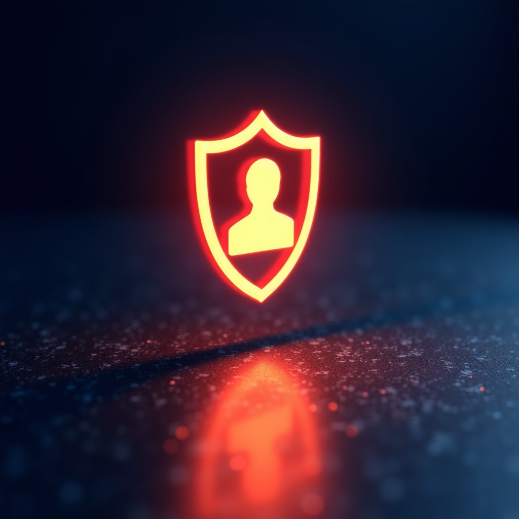 A glowing digital shield protecting a user profile icon on a dark background, textured surface, high-tech aesthetic. 1:1