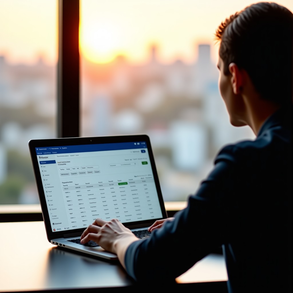 A person at a modern desk looking at a laptop screen displaying automated transaction logs and AI activity, warm sunlight, professional laptop, 4:3