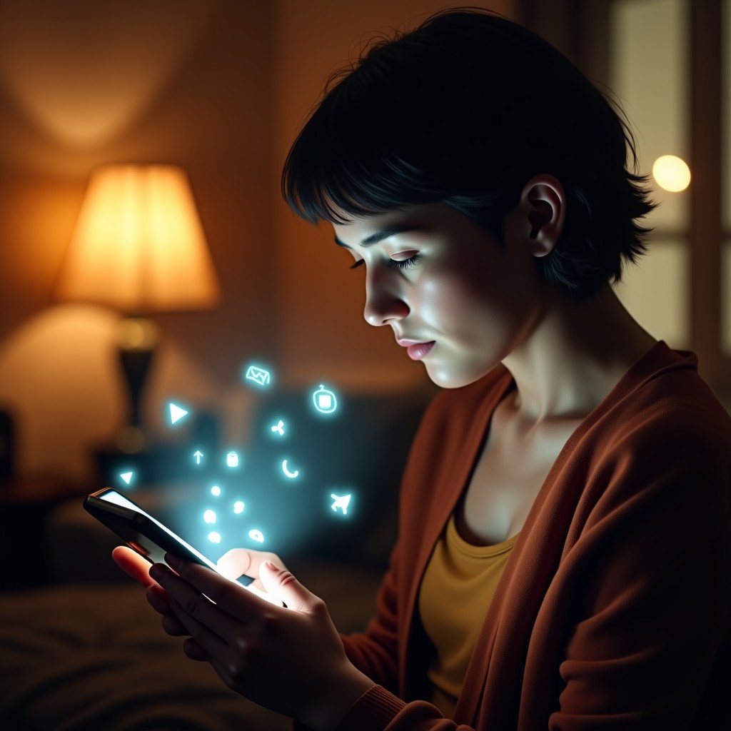 A person interacting with a smartphone where a 3D holographic AI assistant appears to be whispering friendly advice. Small subtle ad icons float around the interface. Warm but slightly eerie lighting to suggest manipulation. Realistic lifestyle photography. No text. 4:3