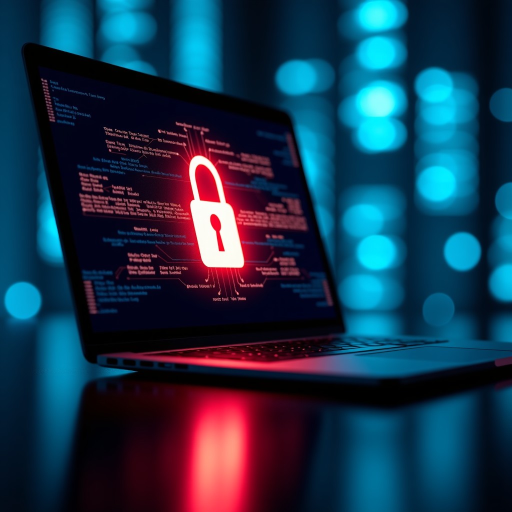 A cyber security concept showing a digital lock breaking on a laptop screen, dark blue and red lighting, high contrast cinematic atmosphere, 4:3
