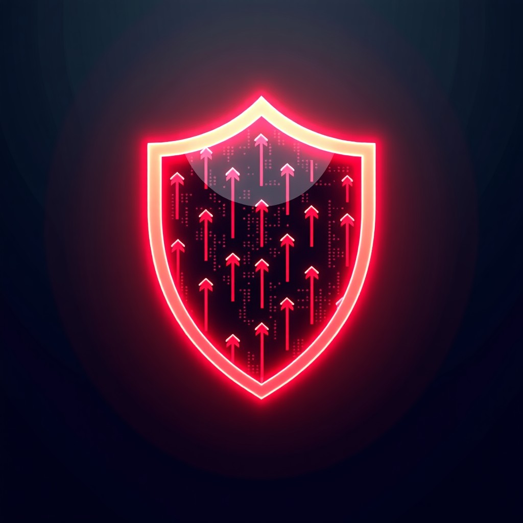 Digital security shield protect complex data patterns from glowing red arrows, futuristic cyber defense visualization, neon accents, dark background, 4:3