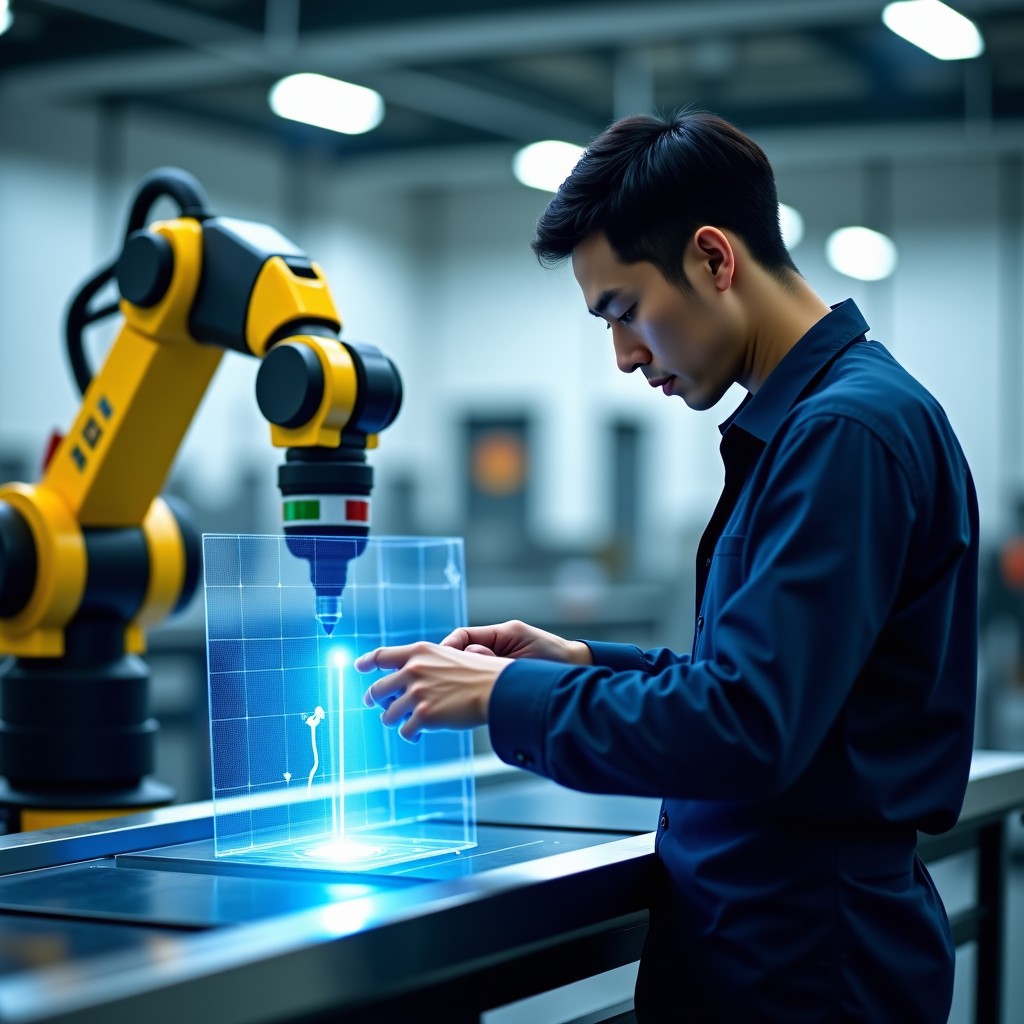 A robotic arm in a modern manufacturing facility working alongside a professional Korean engineer, holographic data overlays representing sensor information, soft industrial lighting, high contrast photography, 4:3
