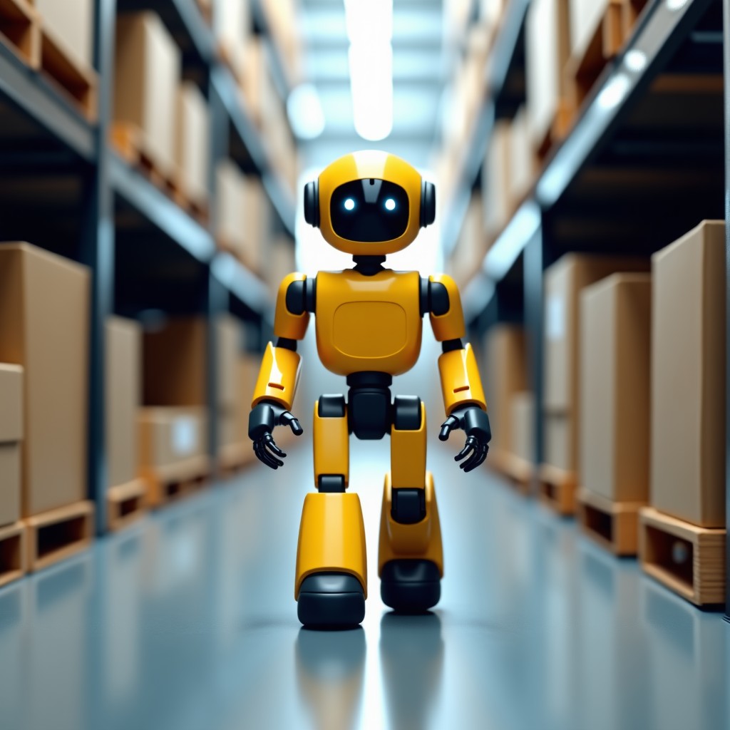 A yellow quadruped robot walking through a modern automated warehouse with shelves and boxes. Clean industrial setting, cinematic lighting, focused composition on the robot motion, 4:3