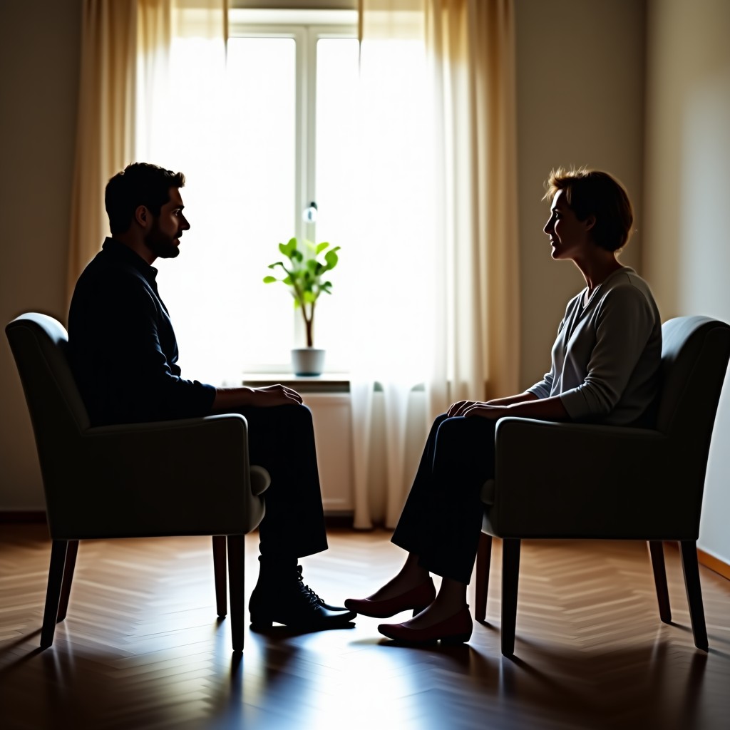 A calm therapy room with two people sitting in chairs having a deep conversation. Soft lighting, natural setting. 1:1
