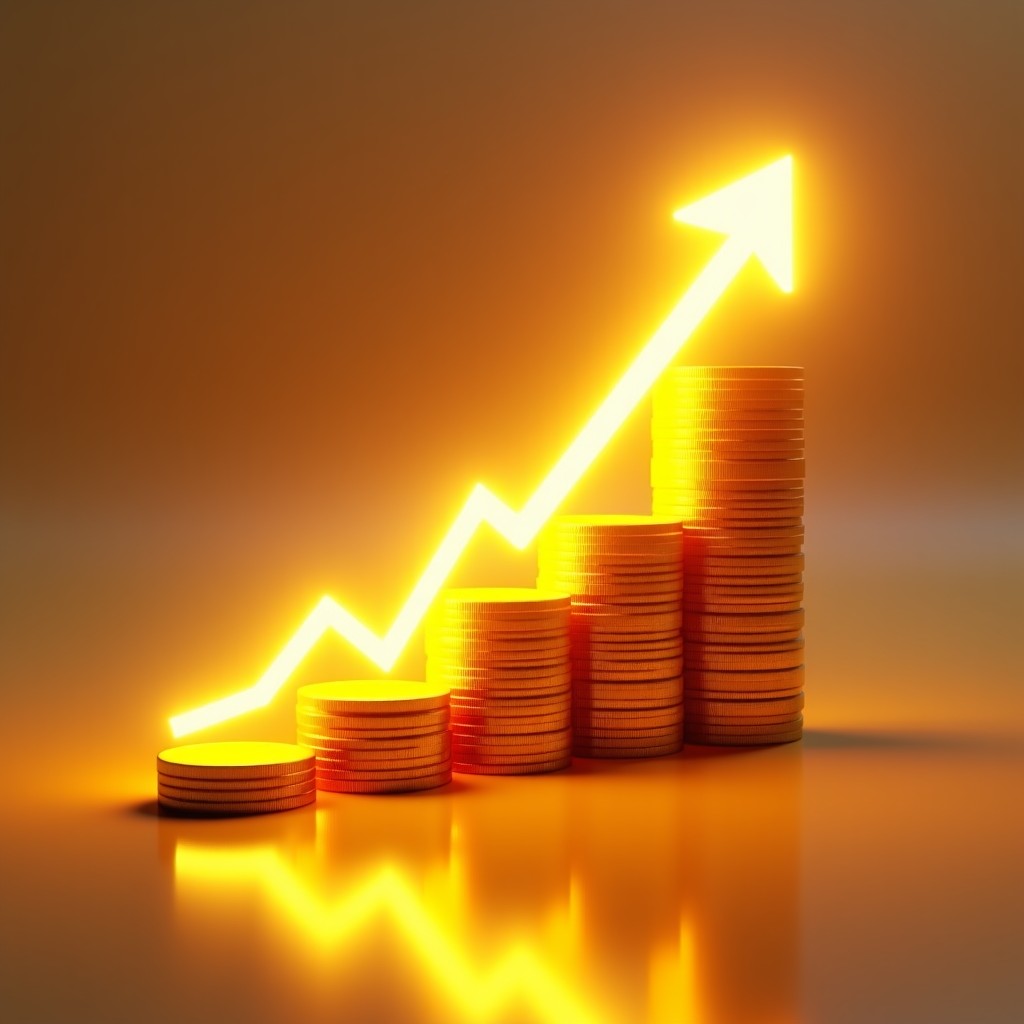 Golden coins and glowing digital data streams rising together into a bright horizon, 3D render, high contrast, vibrant lighting, representing financial growth, 4:3