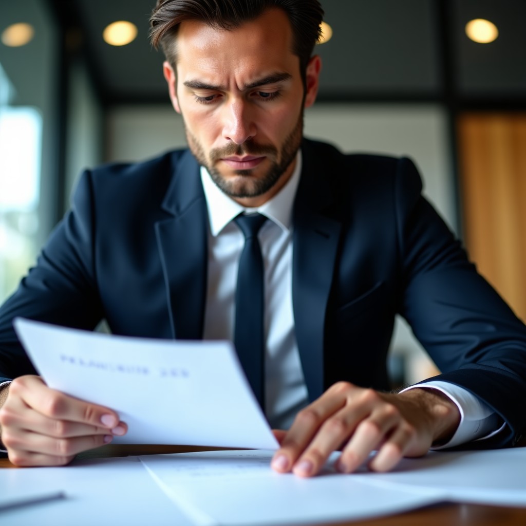 A close-up of a legal professional reviewing documents with a focused expression. A modern office background with soft lighting, emphasizing a serious and professional atmosphere. High contrast, realistic style, 1:1.