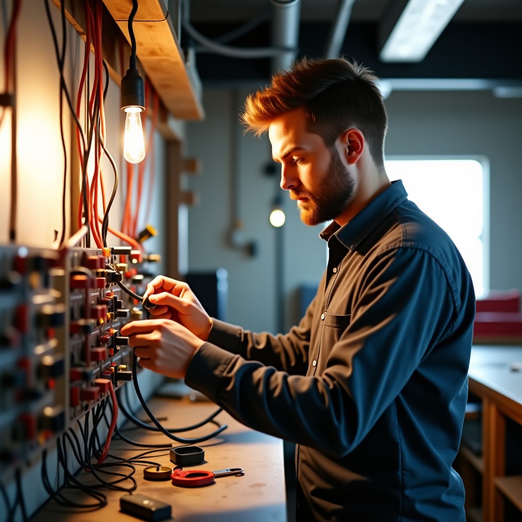 A professional person in their 30s learning electrical wiring in a bright workshop with tools. Realistic photography, natural lighting. 1:1