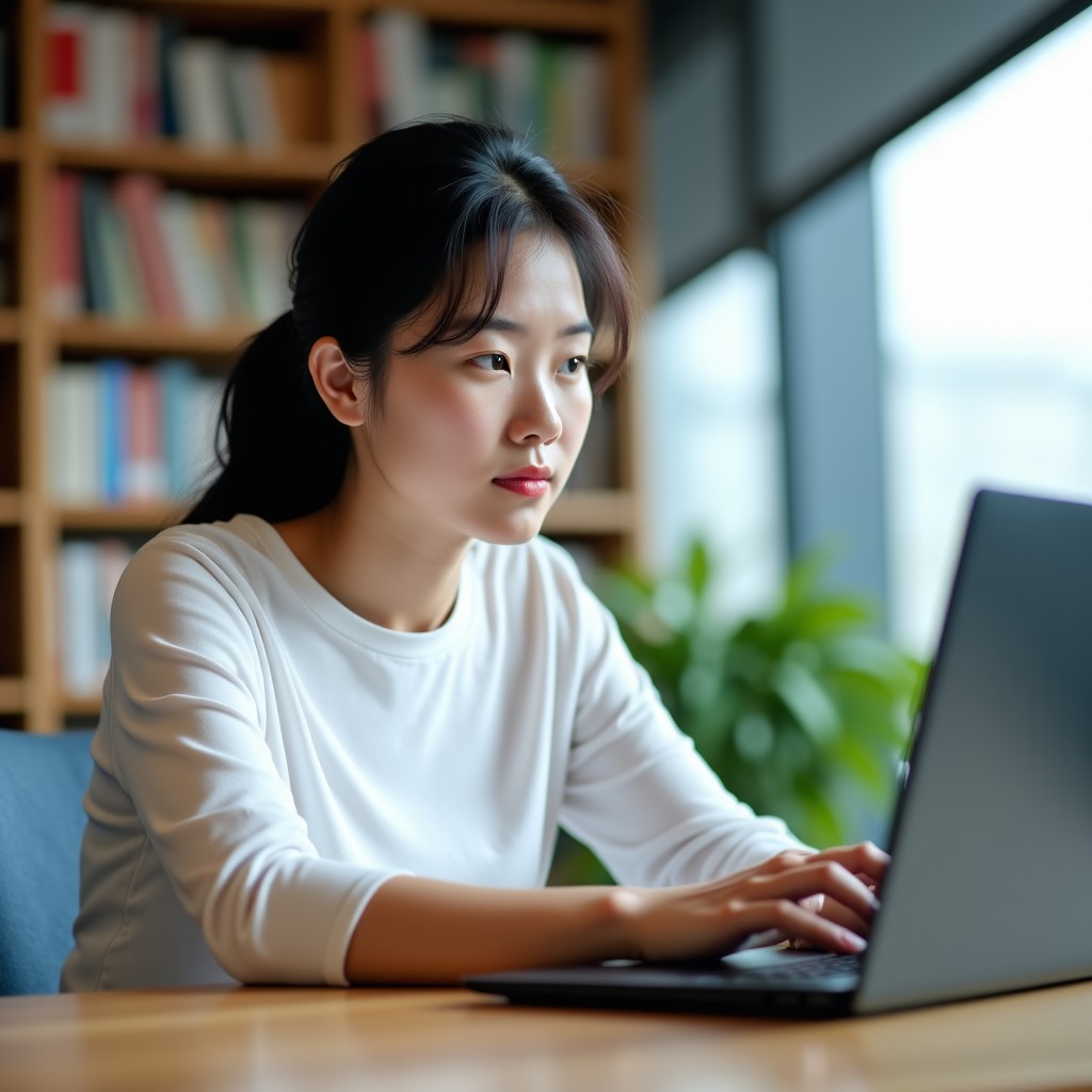 A Korean woman learning digital coding and AI tools on a laptop in a bright modern library, focus on the screen and her determined expression, lifestyle photography, 1:1
