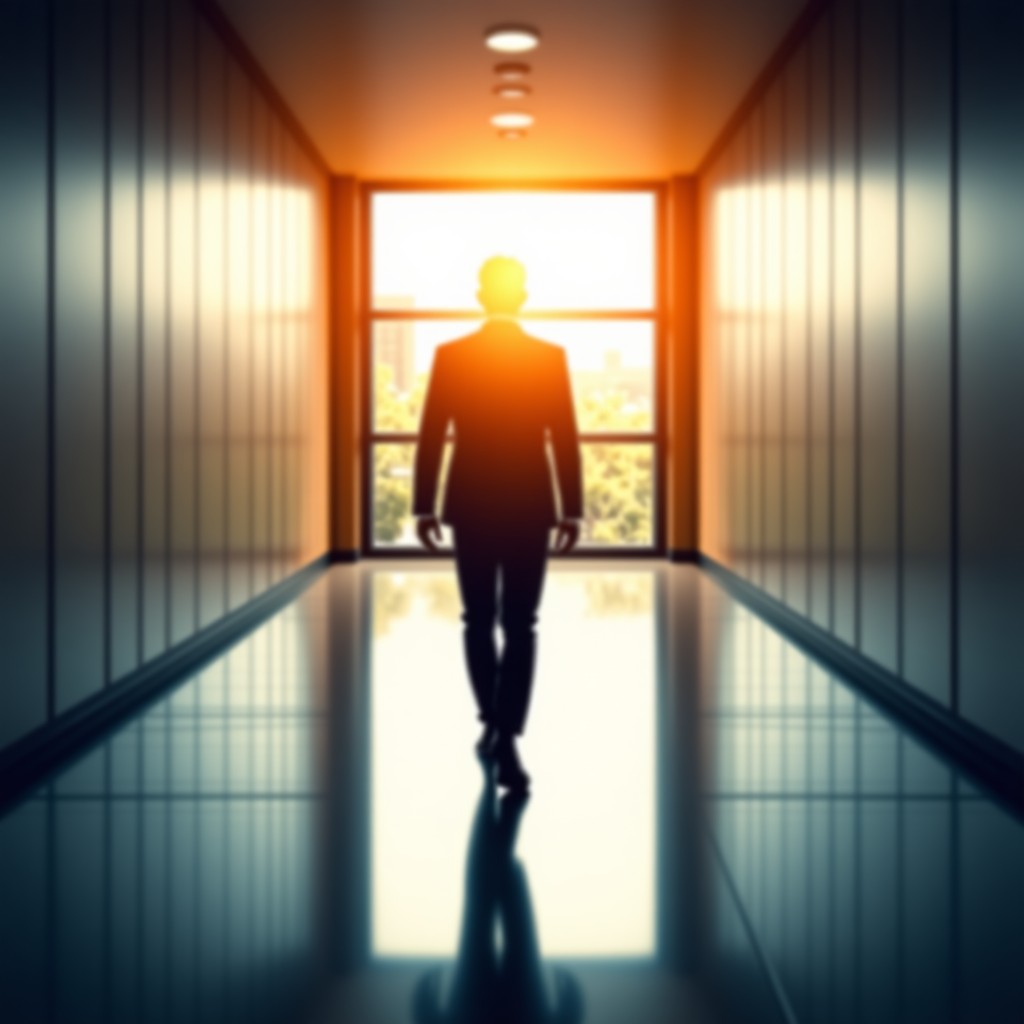 A confident professional person walking down a modern corporate hallway towards a bright light, representing career transition, warm lighting, photography, 4:3