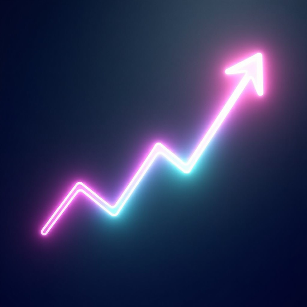A clean and artistic representation of rising light streaks forming an upward trend graph. The colors are soft gradients of purple and teal against a dark textured background. 4:3