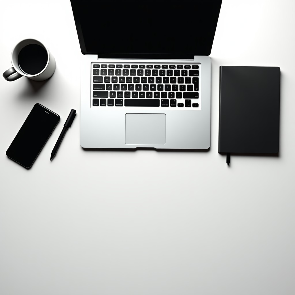 A top-down view of a minimalist desk with a laptop, a notebook, a coffee mug, and a smartphone. Everything is organized and represents high productivity. High contrast lighting. No text. 1:1