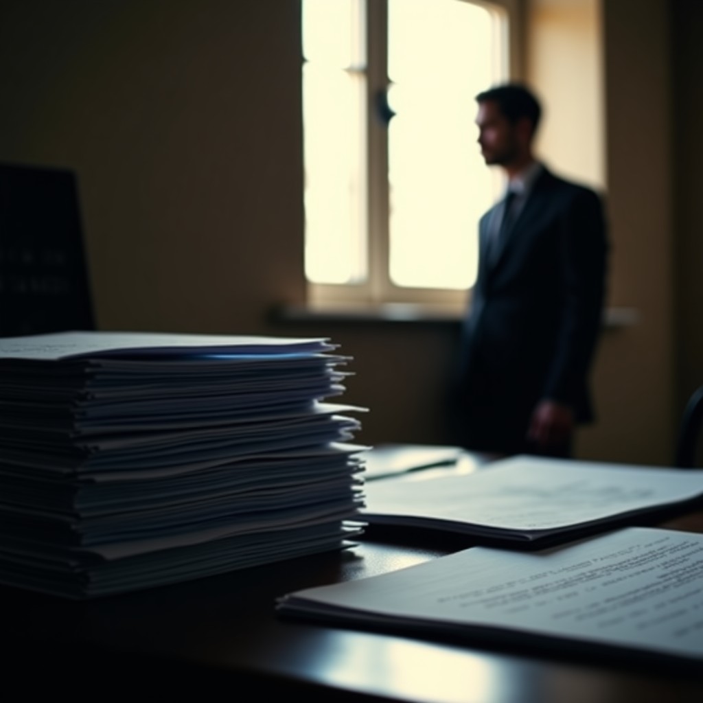 A moody and professional composition showing stacks of paper and folders on a desk with a soft silhouette of a person in the background. The atmosphere is serious and investigative. Warm indoor lighting. 1:1
