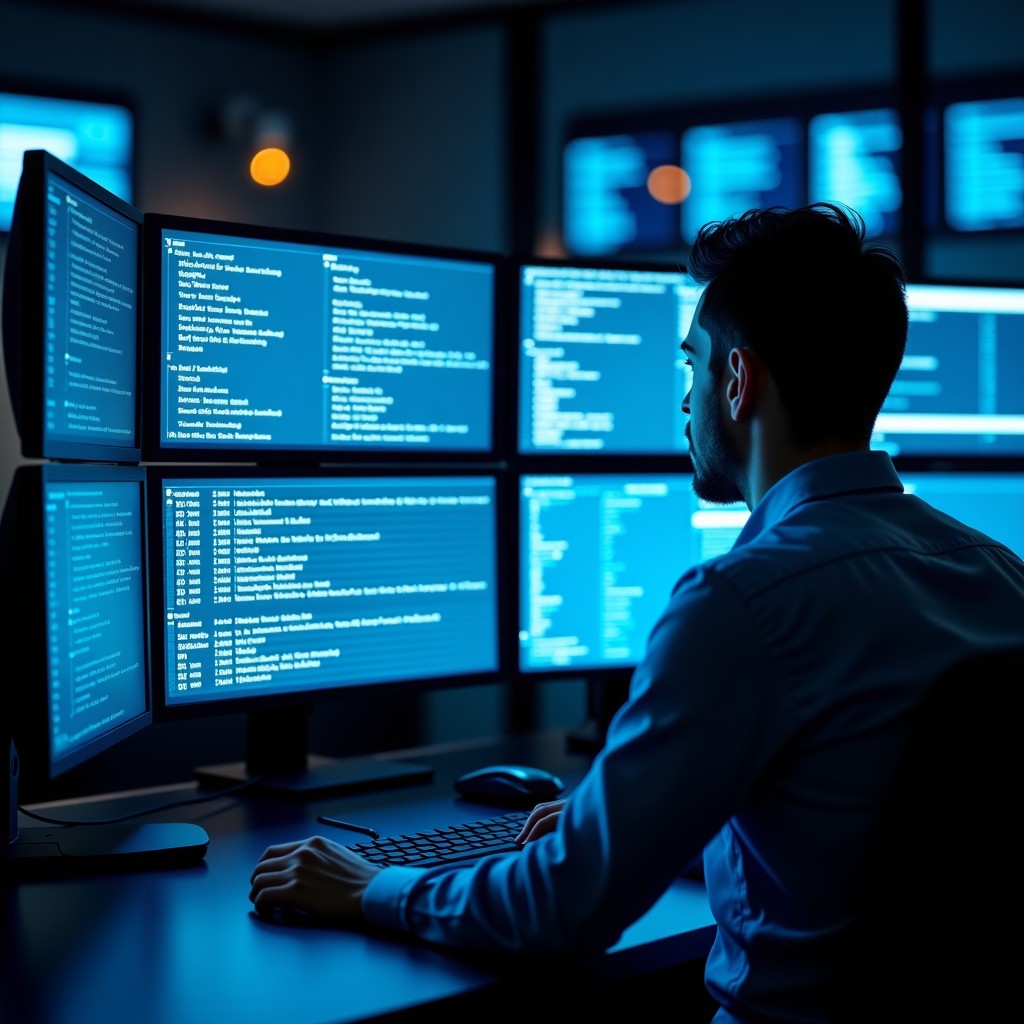 Professional network security analysis on multiple screens, dark background with glowing data streams, modern tech office environment, 1:1