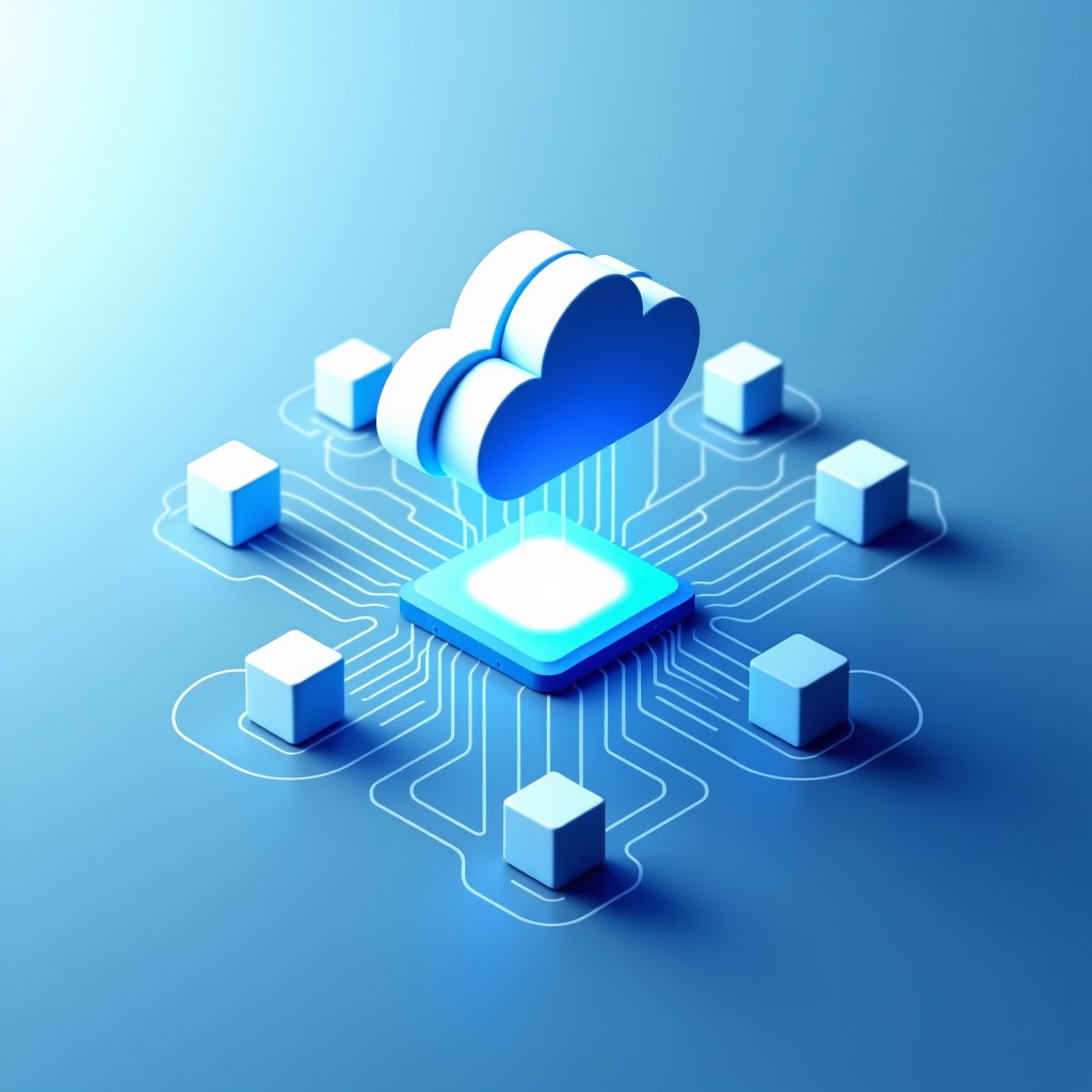 A clean and modern infographic-style illustration of a cloud computing environment. Floating digital cubes and circuit lines connecting to a central AI brain. The background is a soft gradient of tech-blue. No text, 4:3.