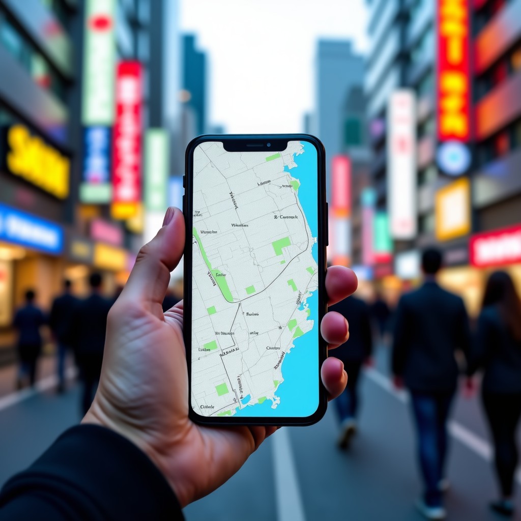 A first-person perspective of a hand holding a modern smartphone displaying a highly detailed digital map of Seoul. The background shows a blurry but recognizable busy street in Myeongdong with neon signs and people. The lighting is bright daylight. High resolution photography style. 4:3